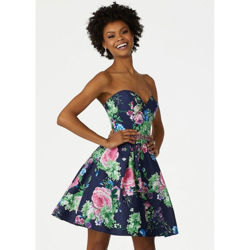 Morilee prom dress Floral navy blue strapless mini dress With Sequin Accents 10
